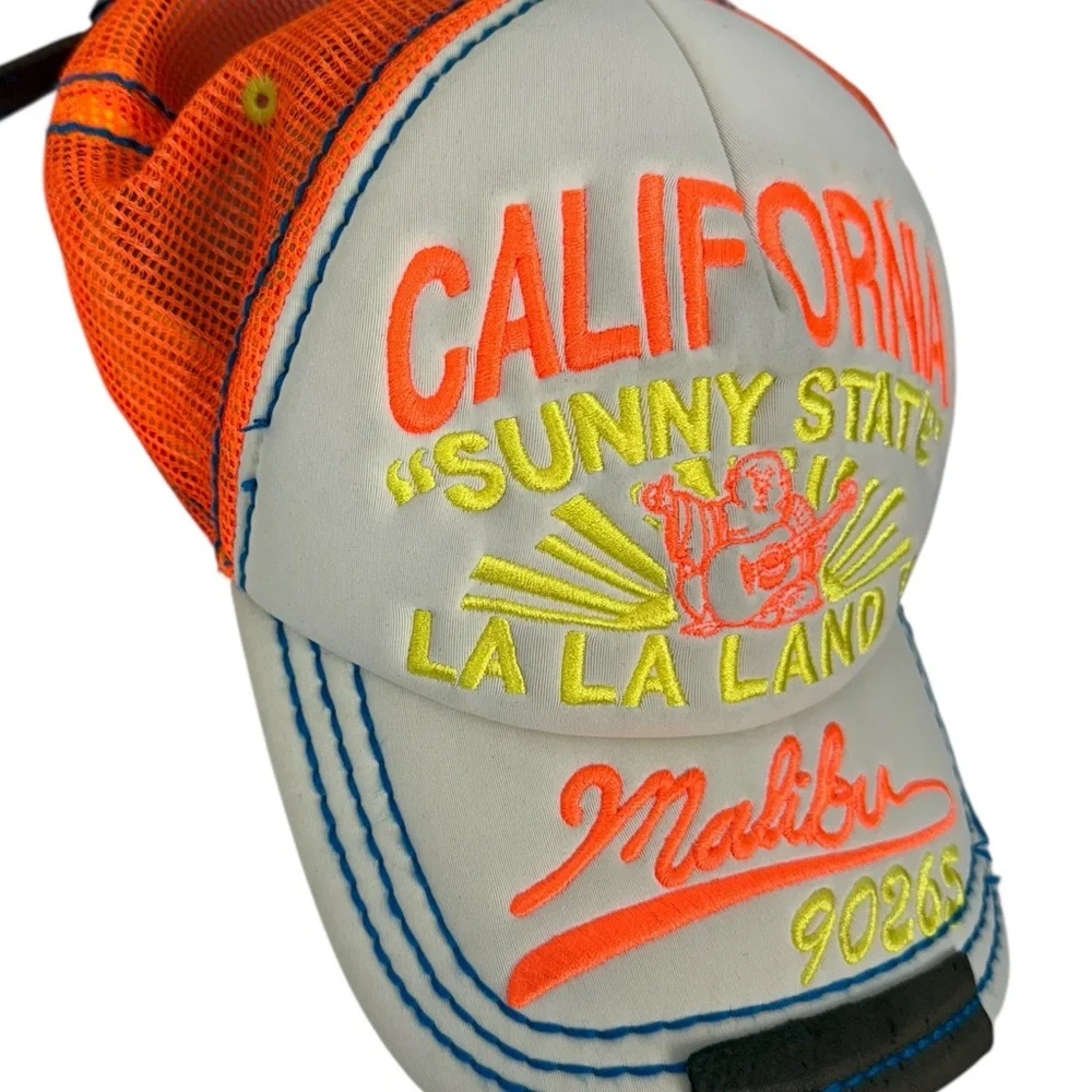 True Religion Malibu 90265 Strapback Trucker Hat Orange Neon California Vintage - Picture 8 of 13